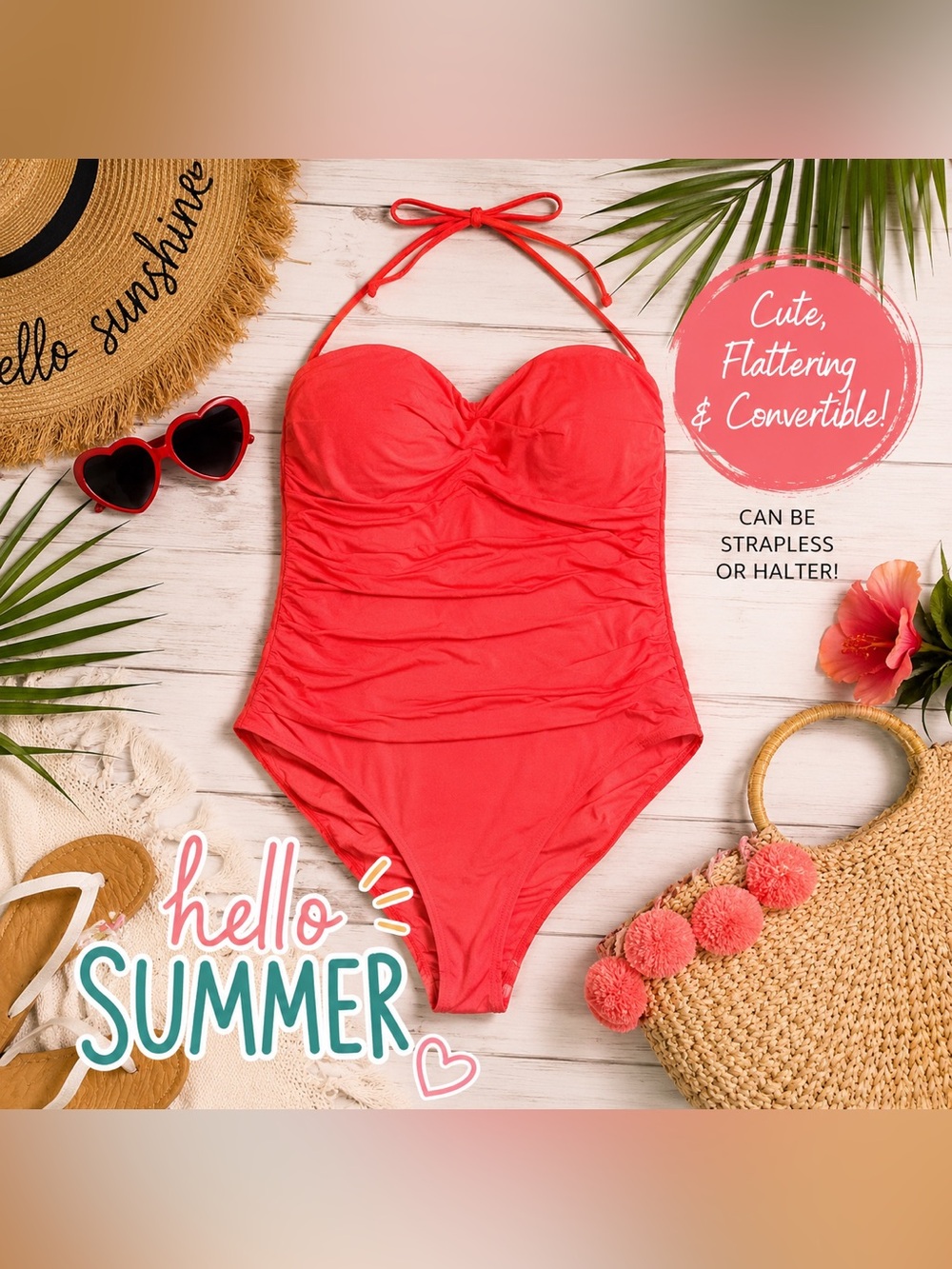 Strapless Convertible Ladies Swim One-Piece - Red